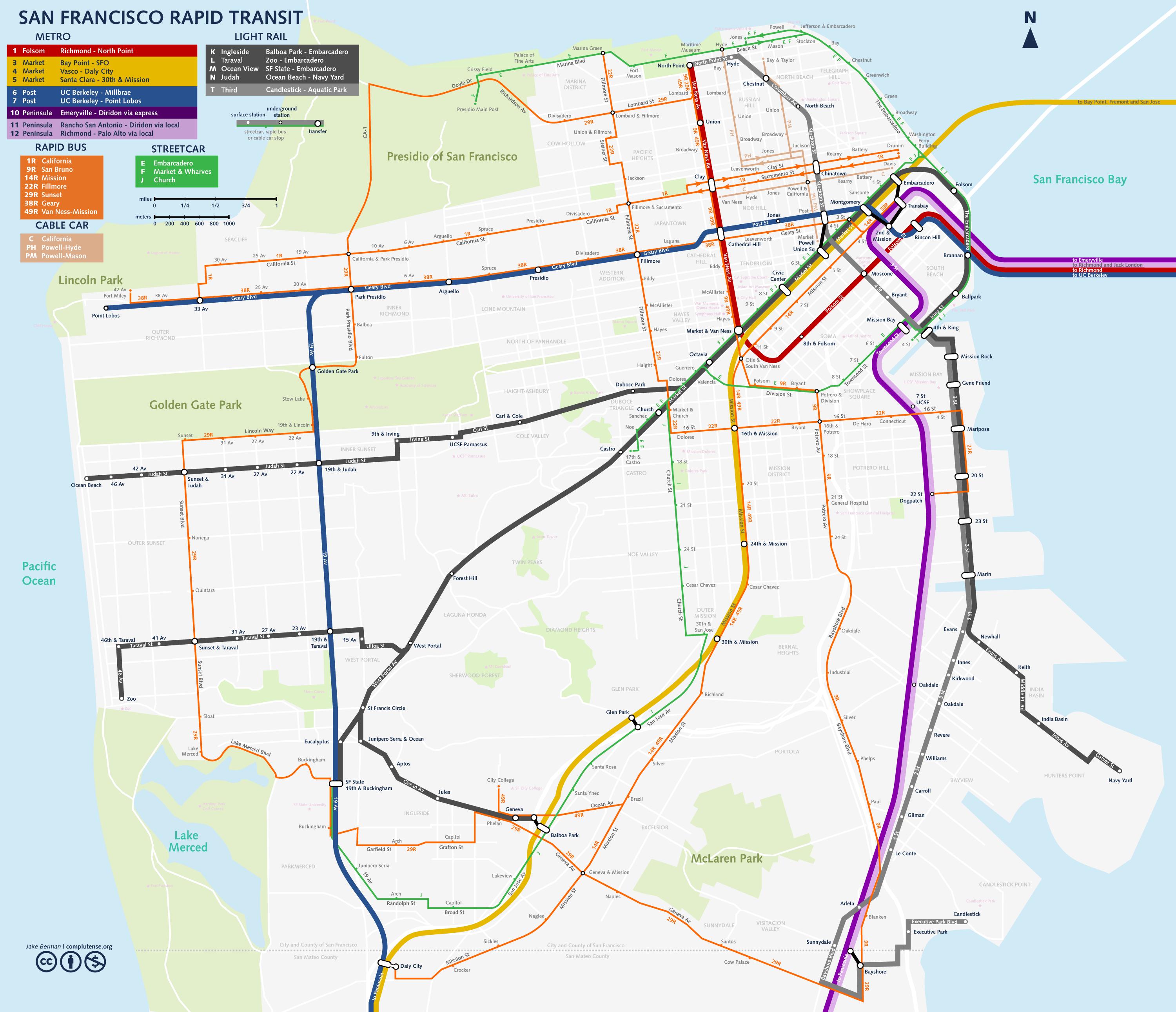 San Francisco light rail map - Muni light rail map (California - USA)